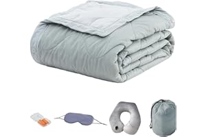 Commollis Travel Blanket Luxury Travel Set -Travel Blanket and Pillow Set - Portable Inflatable Travel Neck Pillow and Premium Soft Airplane Blanket with Built-in Soft Bag,Eye Mask, Earplugs