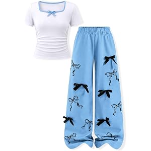 LKALPSQ Teenage Girls 2 Piece Outfit Tween Girls Fall Clothes Set Short Sleeve + Butterfly Print Flared Pants Outfits
