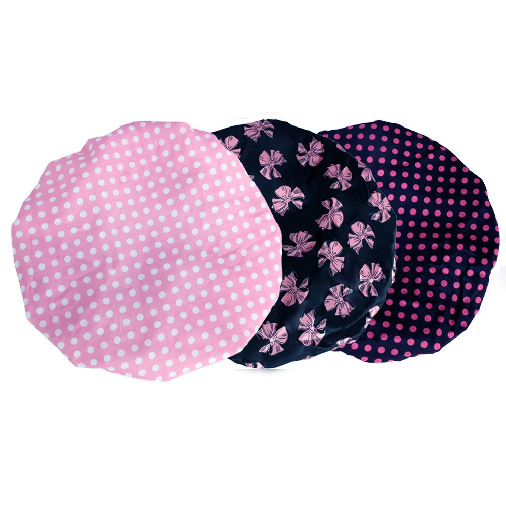 KissDate 3 Packs Double layer Shower Cap Waterproof Elastic Bath Cap for Women Shower Spa Salon : Beauty