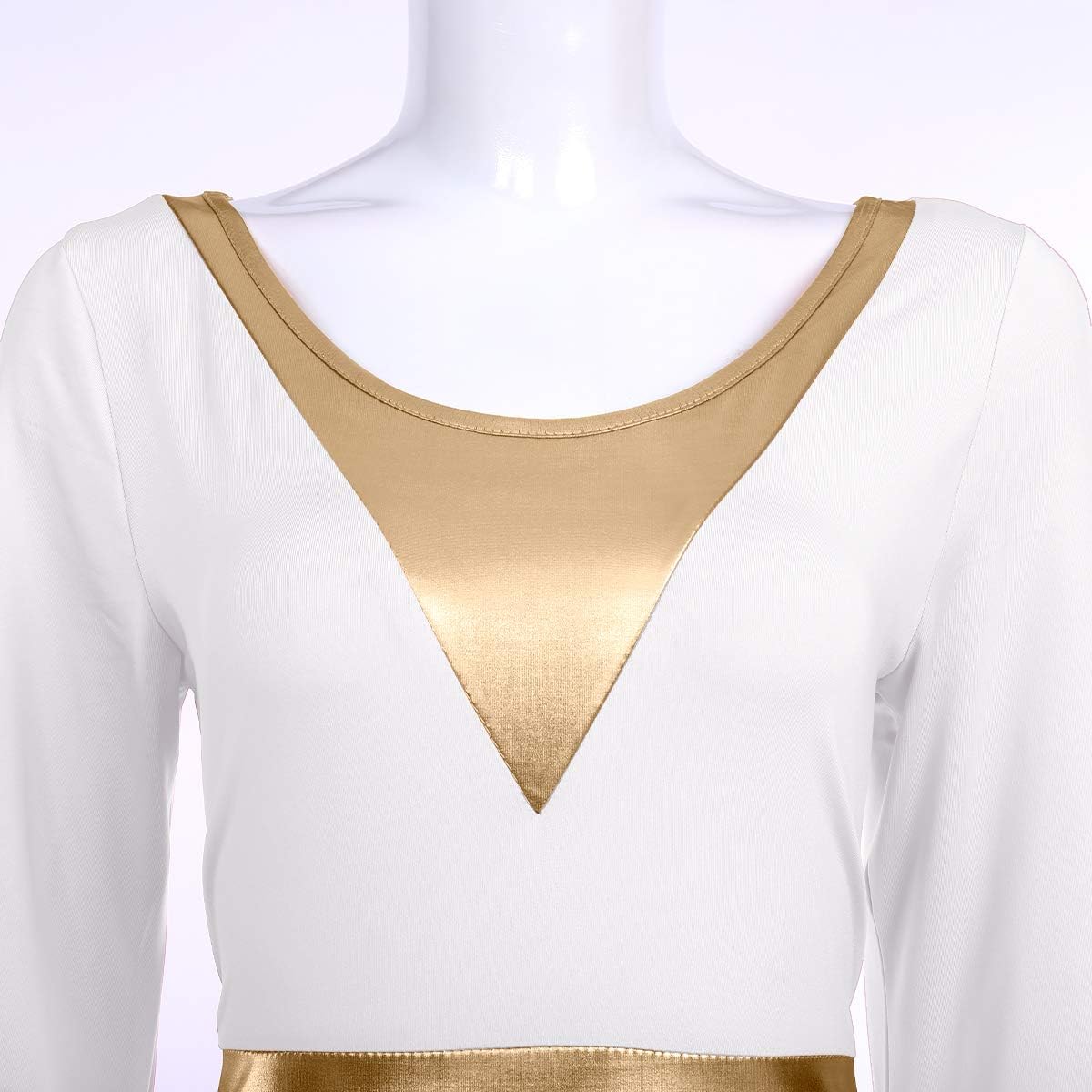 Women Metallic Color Block Liturgical Praise Dance Dress Bell Long Sleeve Lyrical Dancewear Gowns Worship Costume: Clothing