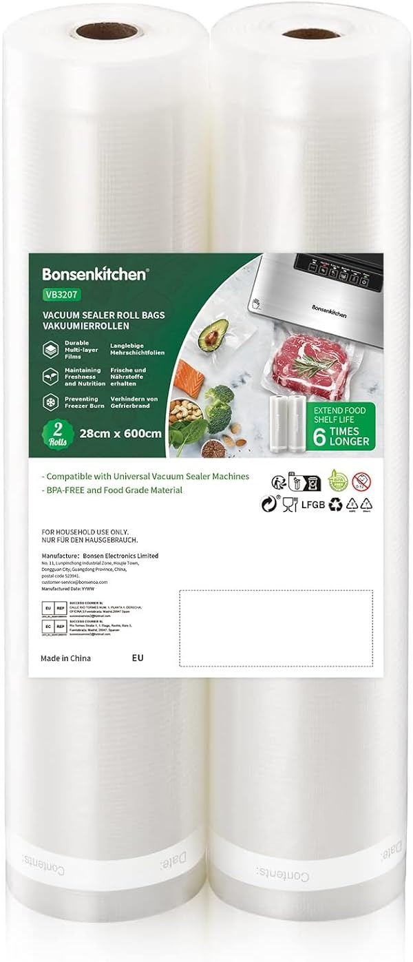 Bonsenkitchen Vakuumrollen 2 Rollen 28x600cm Vakuumierfolie - Profi Vakuumbeutel für Vakuumierer & Lebensmittel Vakuumiergerät, BPA-frei, Kochfest und Sous Vide Gefrierbeutel, VB3207