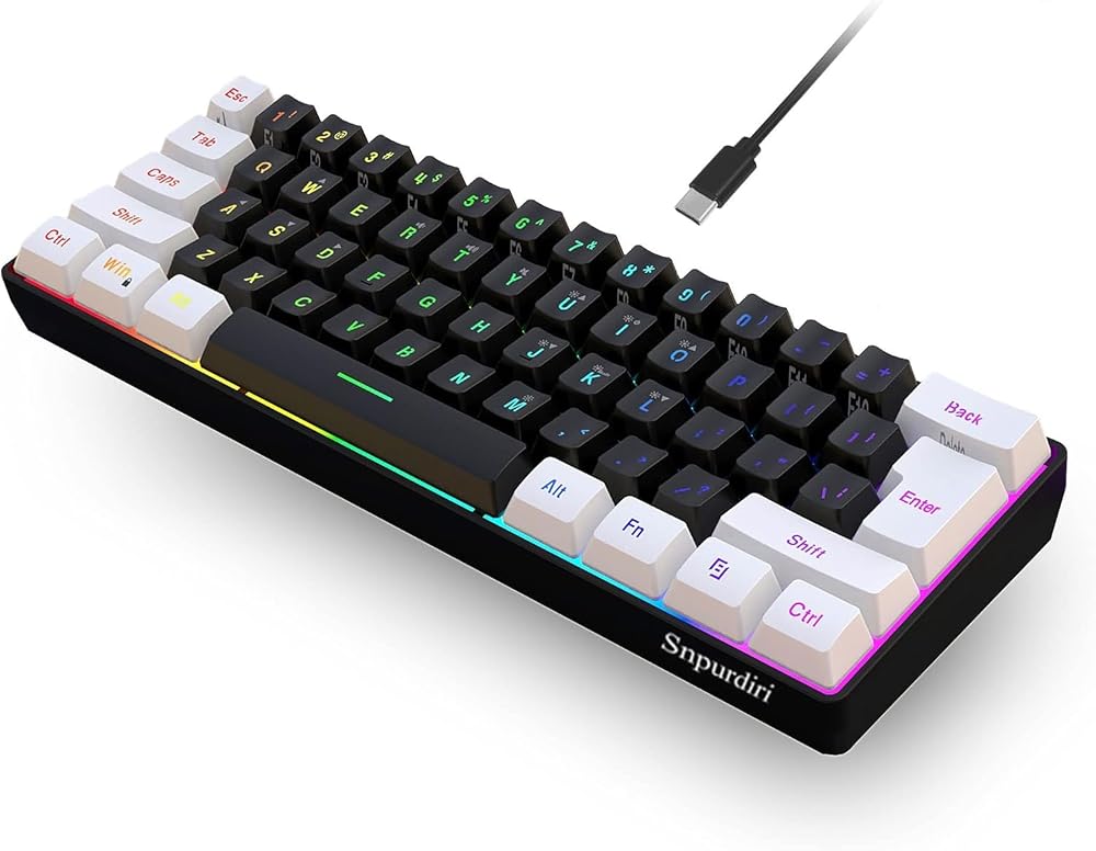 Snpurdiri 60% Gaming Keyboard UK Layout RGB Detachable USB-C Black White