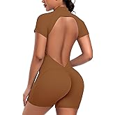 SEASUM Workout Jumpsuits for Women Zip Up Romper Open Back Bottom Short Sleeve Sexy Workout Bodysuit for Gym