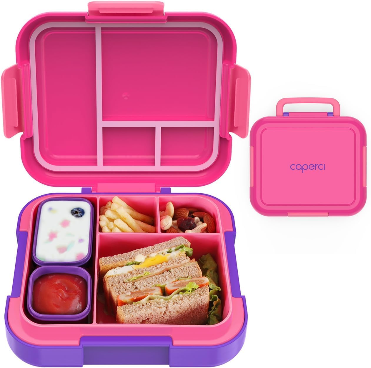 CAPERCI Bento Lunch Box for Kids with Portable Handle, Large 4 Compartments, 2 Sauce Box, Lunch Container for Kids School Work, Microwave/Dishwasher Safe (Fuchsia/Purple)