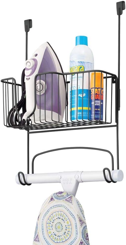mDesign Metal Over Door Ironing Board Holder with Large Storage Basket - Holds Iron, Board, Spray Bottles, Starch, Fabric Refresher - for Laundry, Utility Room, Garage - Matte Black: Home & Kitchen