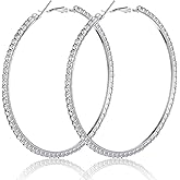 Andibro Large Silver Rhinestone Hoop Earrings for Women, 75mm Big Bling Hoop Earrings Sparkly Hoops for Prom Wedding Party