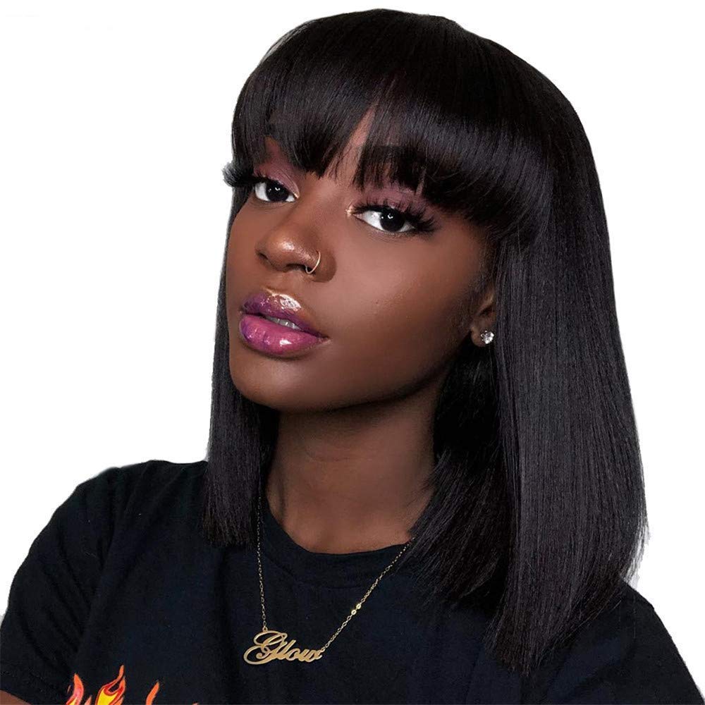Non Lace Front Wigs for Black Wome Straight Human Hair Wigs with Bangs Pre Plucked Baby Hair Glueless Human Hair Wigs 10A Brazilian Virgin Hair Full Machine Made Wigs (OCTSUN Hair 12in )