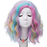 NiceLisa Women 16 Inches Curly Wavy Colorful Rainbow Fashion Anime Party Cosplay Wigs Blue Pink Yellow Hair
