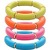 MythDone Chunky Bamboo Tube Bracelets Colorful Curved Resin Stretch Bracelet Gold Stacking Bangles Acrylic Beads Stretchable Friendship Bracelets for Women