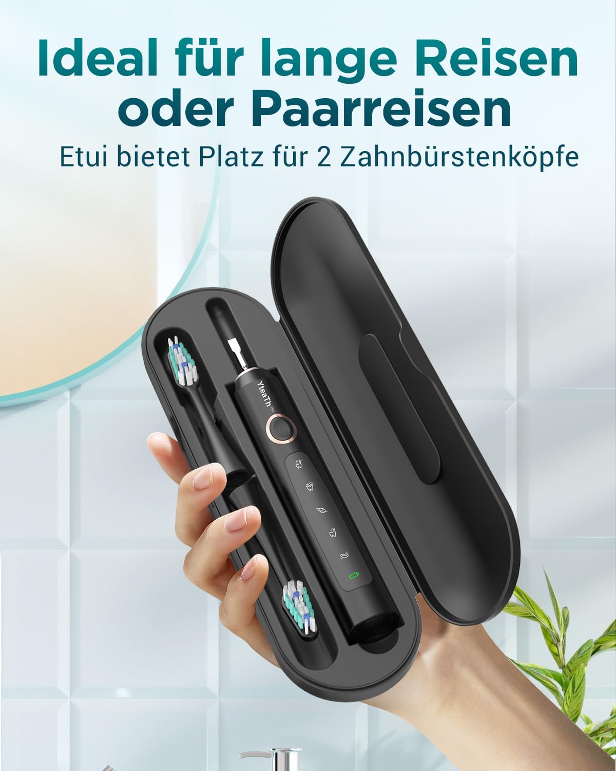 Elektrische Zahnbürste für Erwachsene und Kinder - Schallzahnbürste, Electric Toothbrush mit 8 Bürstenköpfen (3 Typen), 90 Tagen Akkulaufzeit, 5-Modi, 50000VPM, Reiseetui, Timer 7