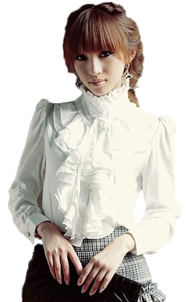 ezShe Women's Stand Up Collar Lotus Ruffle Satin Shirt Blouse