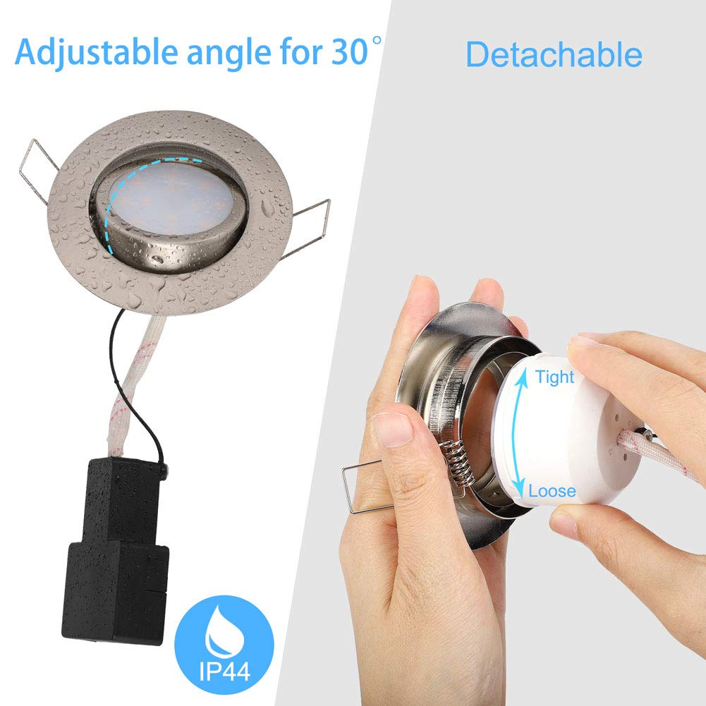 Spots LED Éclairage 6W encastré IP44 3000K blanc chaud Matt Nickel LED Plafond Spotlights (aucun pilote nécessaire) pour bain/douche/soffites/Cuisine