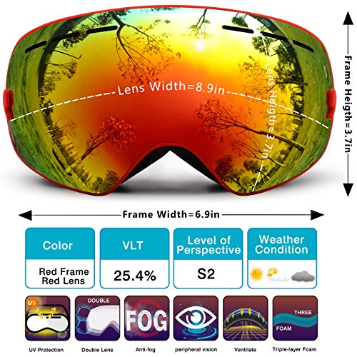 Hongdak Ski Goggles, Snowboard Goggles UV Protection, Snow Goggles Helmet Compatible for men women boys girls kids, Anti fog OTG