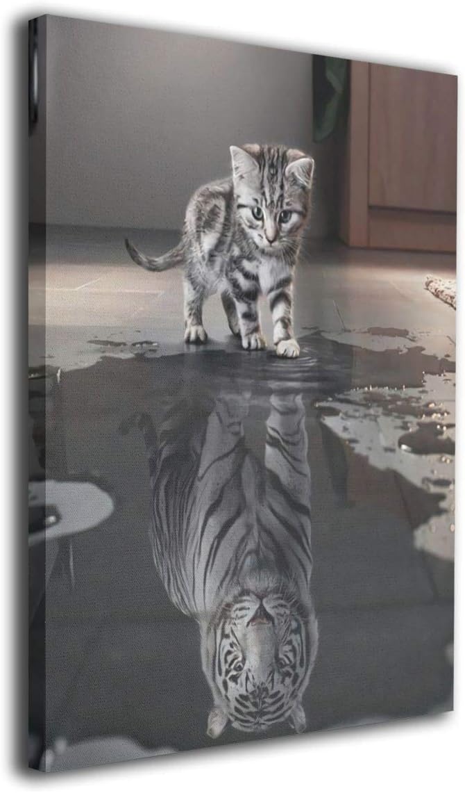 Fighwy Kitten-Tiger Reflection Painted Framed Paintings Printed On Canvas Wall For Office Home Decor Pictures Modern Artwork Hanging For Room Decorations Ready To Hang