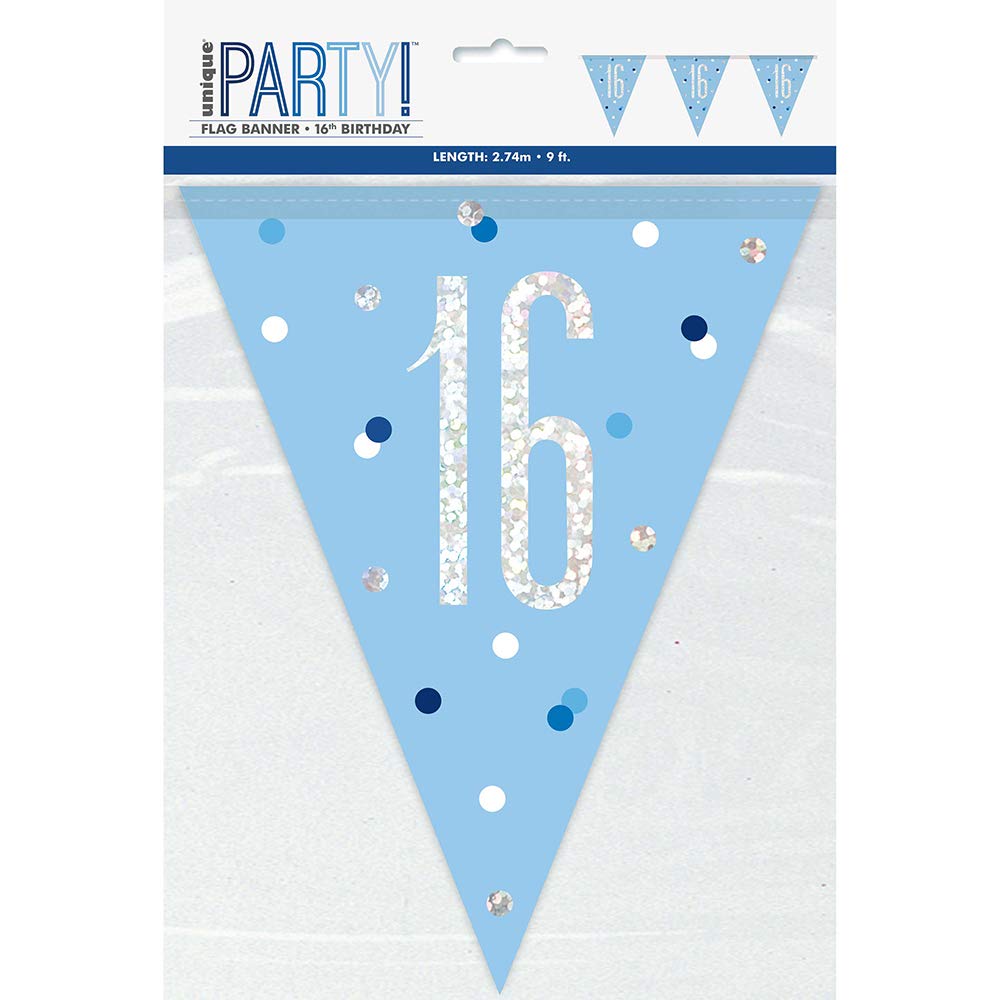 Unique 83436 Blue Dots Prismatic Birthday Plastic Pennant Banner, 9 Ft 1 Pc, Age 16