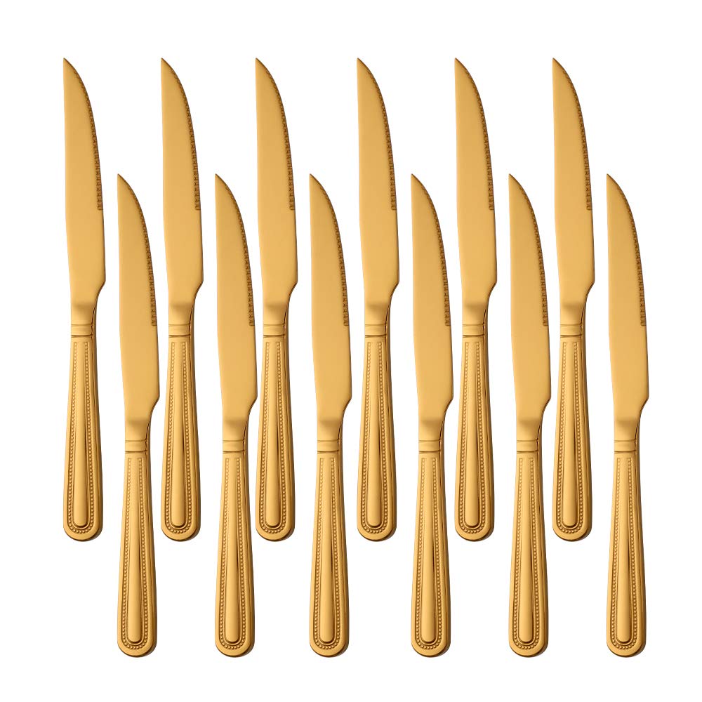 Buyer Star 12 Piece Steak Knives, Gold Stainless Steel Sharp Knife Set for Home Kitchen and Restaurant