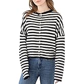 Esmeling Women Button Down Striped Cardigan Crew Neck Long Sleeves Sweater Open Front Knit Outerwear