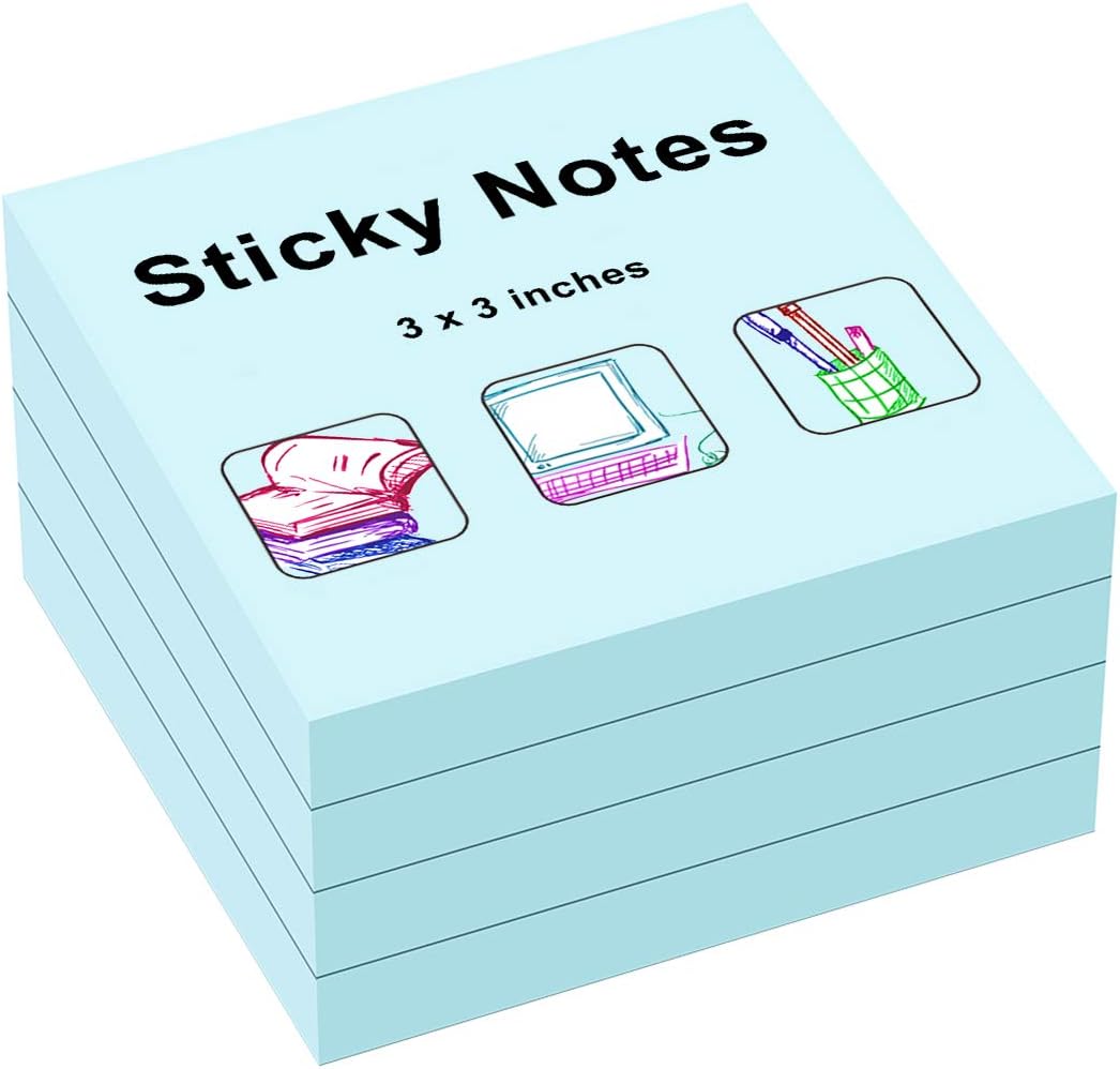 ZCZN Light Blue Sticky Notes, 3 x 3 in, 100 Sheets/Pad, 4 Pads/Pack