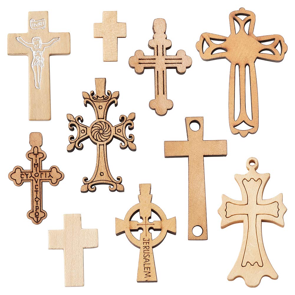 PandaHall 100pcs Unfinished Wood Cross Pendants Large Cross Beads 10 Styles Unfinished Wood Beads for DIY Jewelry Bracelet Necklace Making, 15~47x10~32x4~5mm, Large, Large, Wood