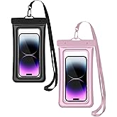 Floating Waterproof Phone Pouch (2-Pack), IPX8 Dry Bag with Built-in Airbag, Touch-Friendly Clear Case with Lanyard for Beach, Swimming, Kayaking & Cruise, Fits Phones up to 7.2" (Black-Pink)