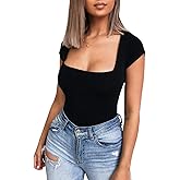 SEMATOMALA Women's Square Neck Short Sleeve Solid Thong Leotards Basic Top High Cut Bodycon Bodysuit Club Outfits