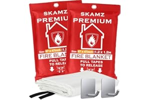 SKAMZ Emergency Fire Blanket XL Size - 47" x 47" - 2 Pack W/Hooks - Welding Fireproof Blanket, Heavy-Duty Fiberglass Welding Blankets for Kitchen, BBQ, Fireplace, Home Safety