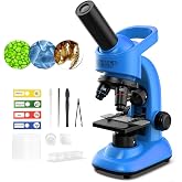 WSDMIC Microscope for Kids Scientific Experiment Kit 40X-1600X Magnification LED Light Educational STEM Kit with Slides and Lab Tools (Blue)