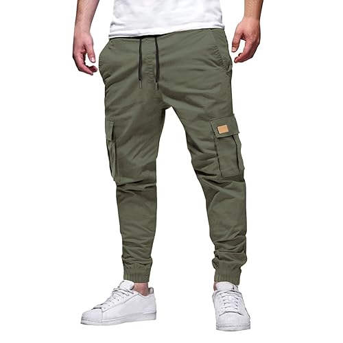 Cargo Trousers for Men UK Elasticated Waist Tracksuit Bottoms Cuffed Legs Jogging Sweatpants Mens Trousers with Drawstring Plus Size Lounge Wear Pants Work Sport Activewear Jogger Army Green