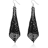 Lightweight Sequin Dangle Earrings Metal Mesh Grid Tassel Drop Colorful Sequin Earrings for Women Disco Party Bar