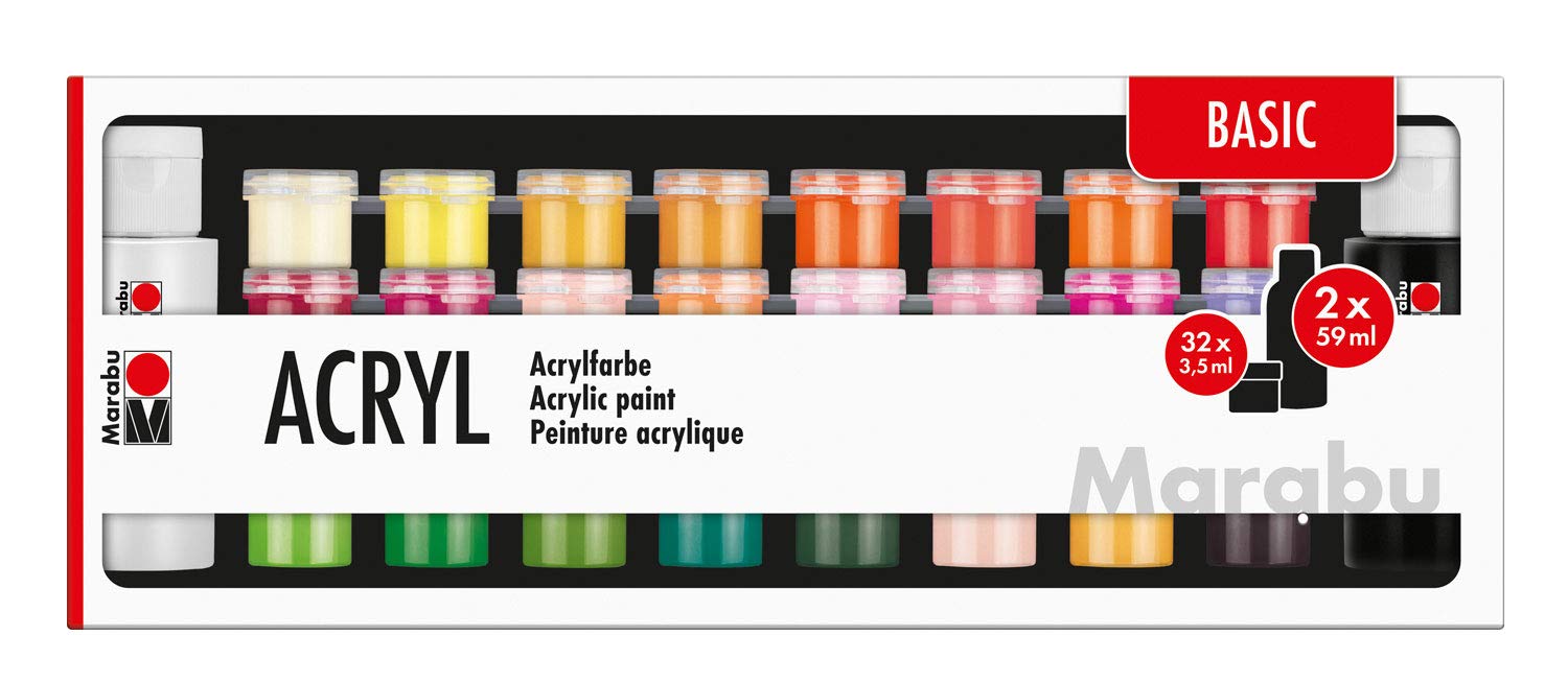 Marabu Acrylic Paints, 34x59ml, Multi, Non-Toxic, Water-resistant, Made in Germany