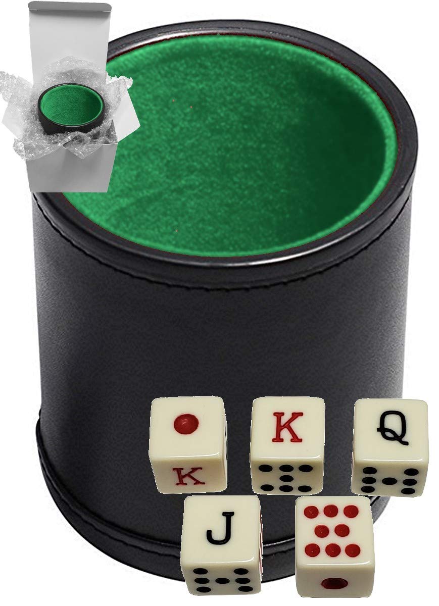 Set of 16mm Poker Dice Squared Corners and Black PU Leather Dice Cup Plush Velvet Lined - Gift Boxed (Spanish Poker (Ivory), Black/Green Cup)