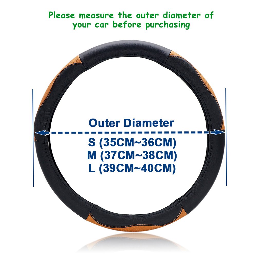 LOCEN Genuine Leather Car Steering Wheel Cover - A STYLE - Black with Brown (Outer Diameter 35CM-36CM)