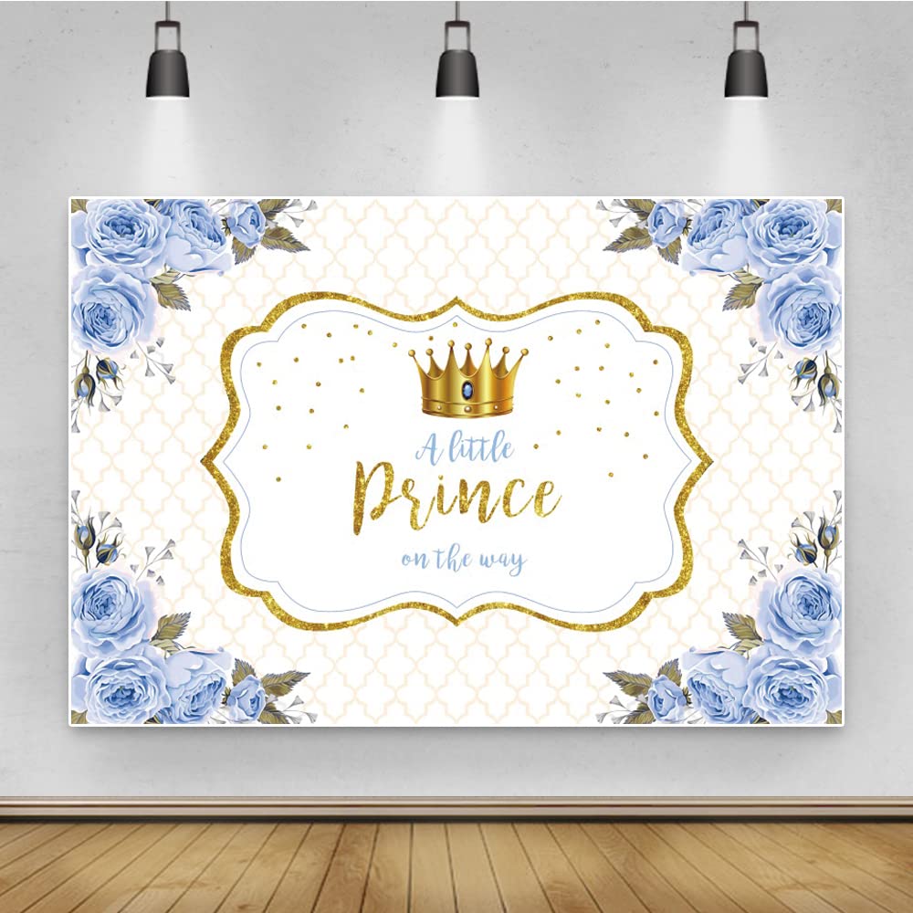 Renaiss 7x5ft Blue Flowers Golden Crown Baby Shower Backdrop A Little Prince on the Way Photography Background Kids Boys 1st Birthday Party Decorations Cake Smash Photo Backgrounds Studio Props