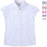 Bienzoe Girls Shirt Short Sleeve: White Button Up Kids School Uniform Cotton Oxford Collar Puff Dress Blouse Bowtie Pack