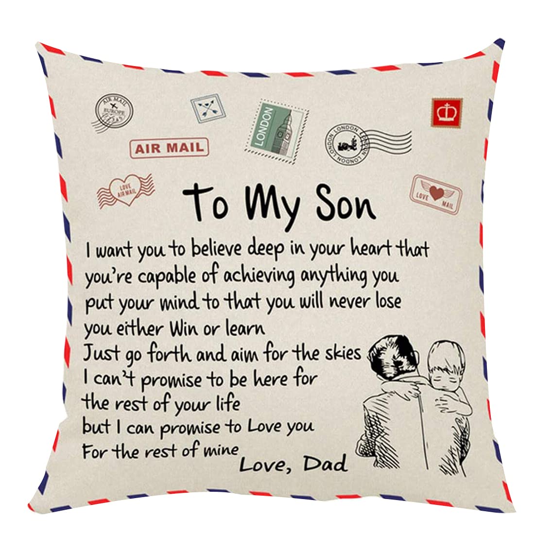 Luteney Envelope Pillow Covers to My Son Gift Form Dad,45cm x 45cm Square Polyester Son Cushion Cover with Concealed Zip,Best Son Gifts from Dad (Dad to son)