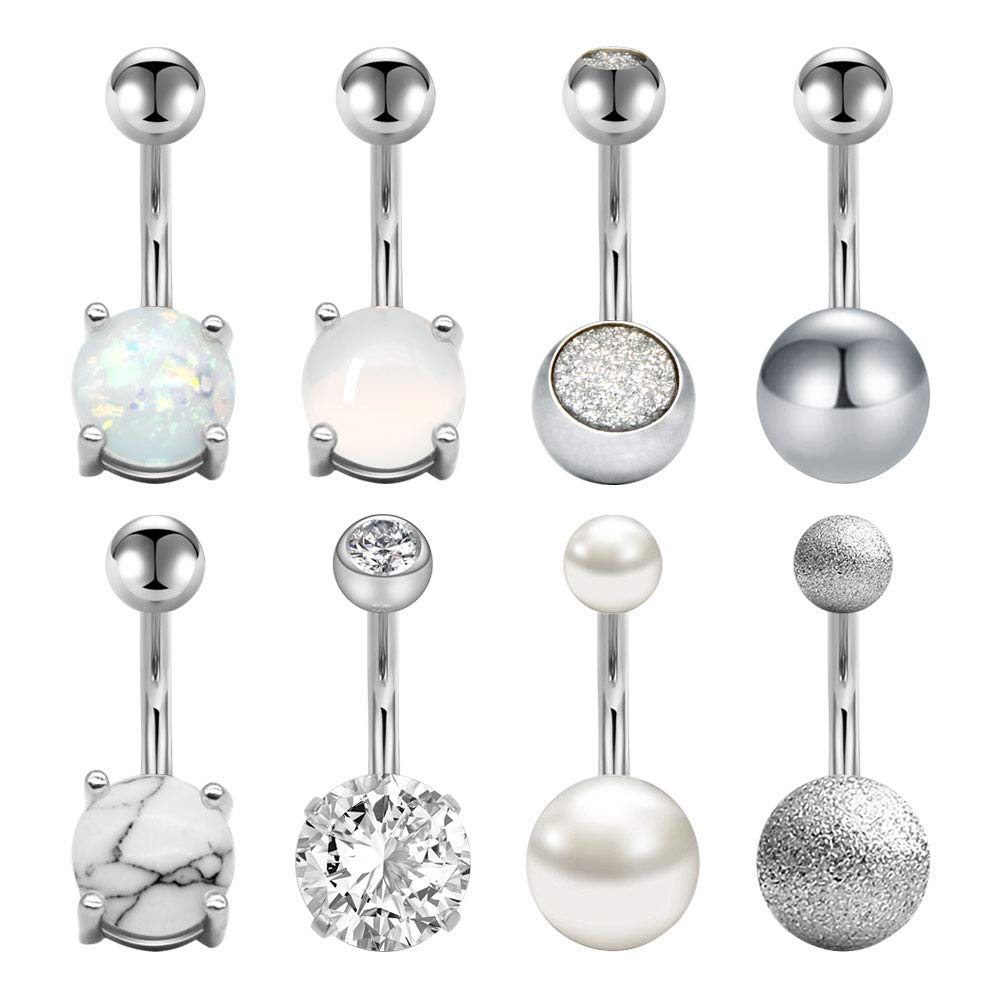 Mayhoop 8Pcs Belly Bars 14G 10mm Stainless Steel Silver CZ Marble Opal Pearl Belly Button Rings Navel Rings