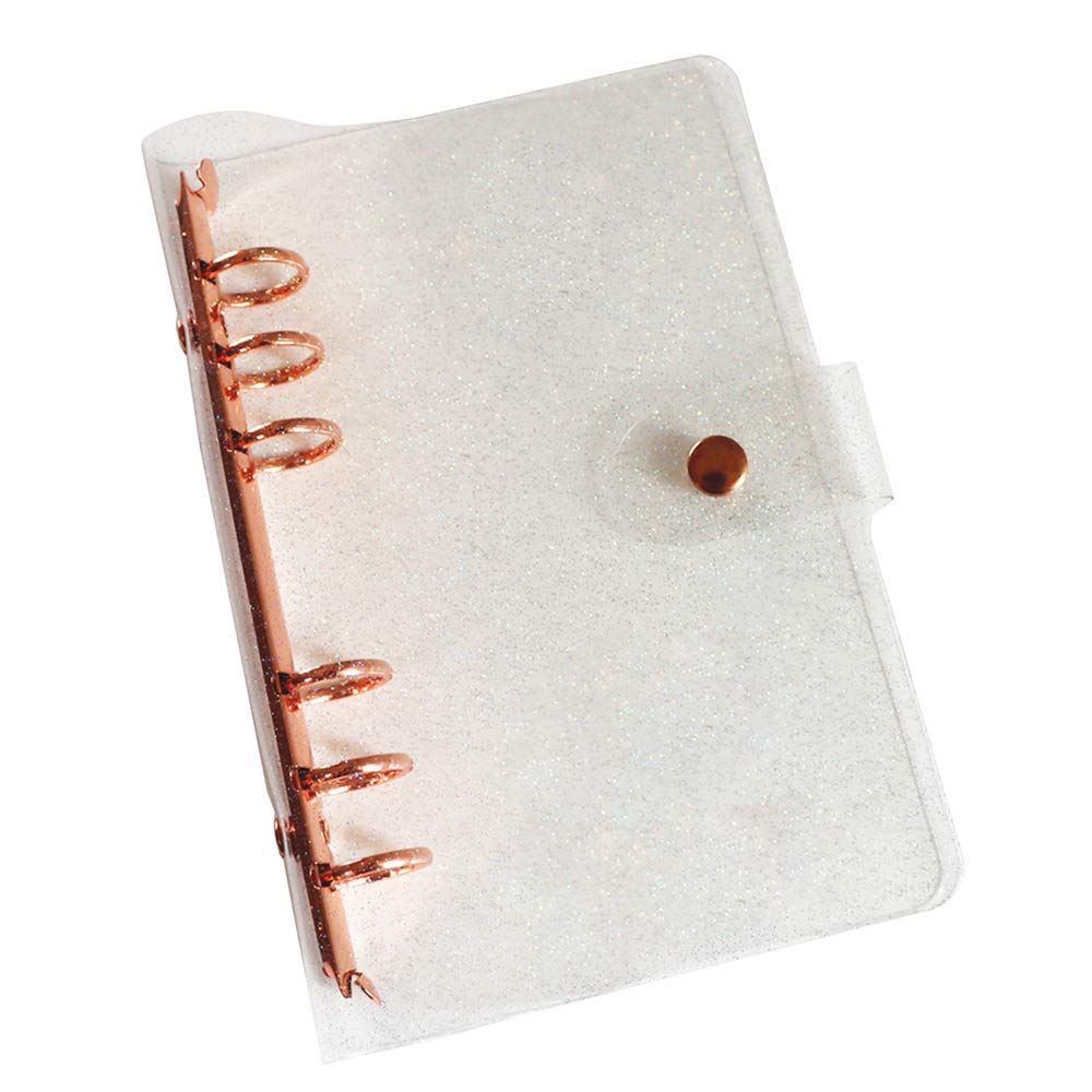 Personal A6 Glitter PVC Binder Cover Clear Soft PVC Notebook Shell 6 Rose Gold Round Ring Binders with Snap Button Closure Loose Leaf Folders (Personal A6, Glitter Cover + Rose Gold Binder)