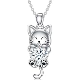 LONAGO Cat Necklace with Heart Birthstone Cat Pendant Necklace Sterling Silver Gifts for Women
