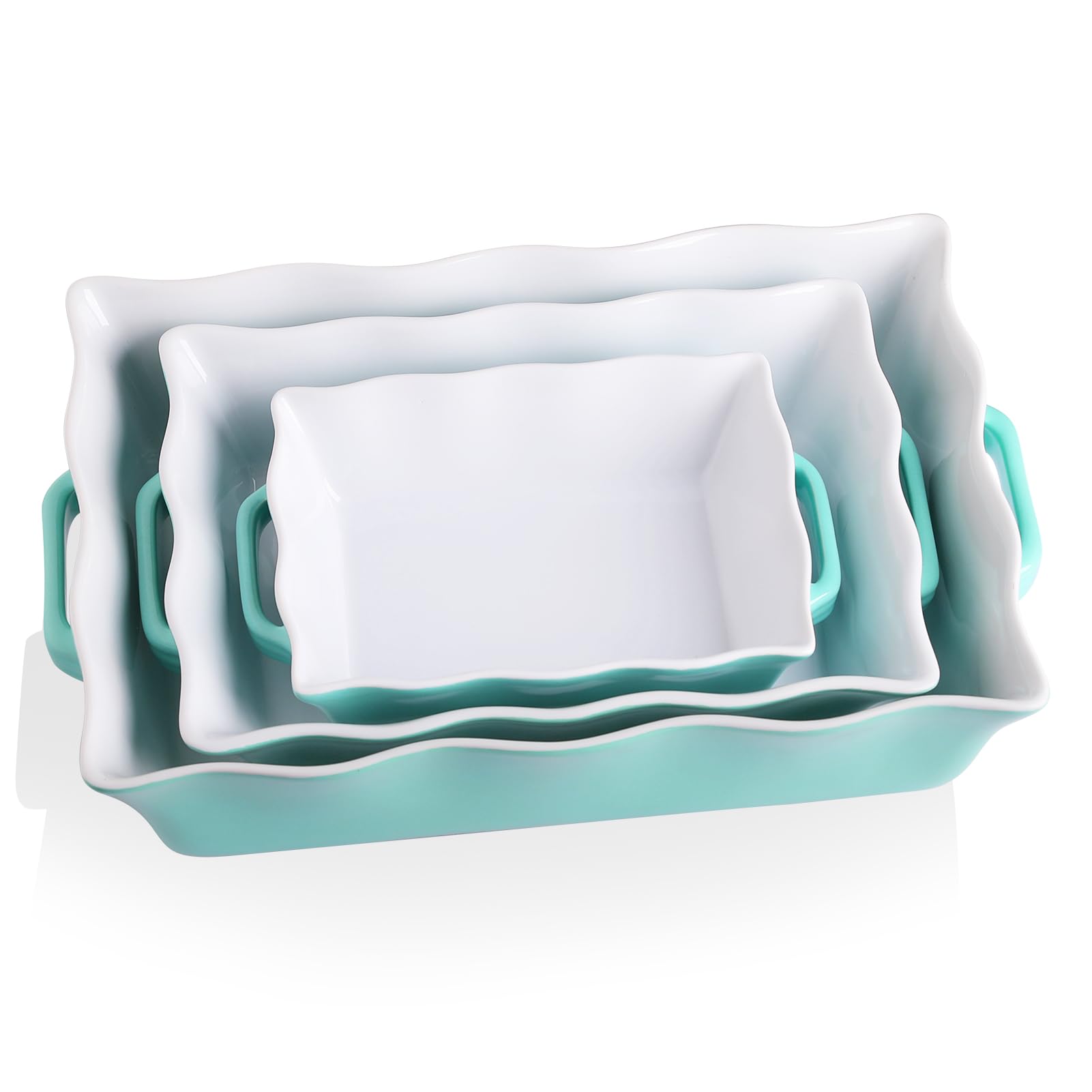 Photo 1 of *ONLY 2 LARGE AND SMALL ONE* Sweejar Casserole Dishes for Oven, Ceramic Bakeware Set of 3, Rectangular Baking dish with Handles, Wave Edge Lasagna Pan Deep for Cooking, Cake, Dinner, Banquet and Daily Use (Turquoise)