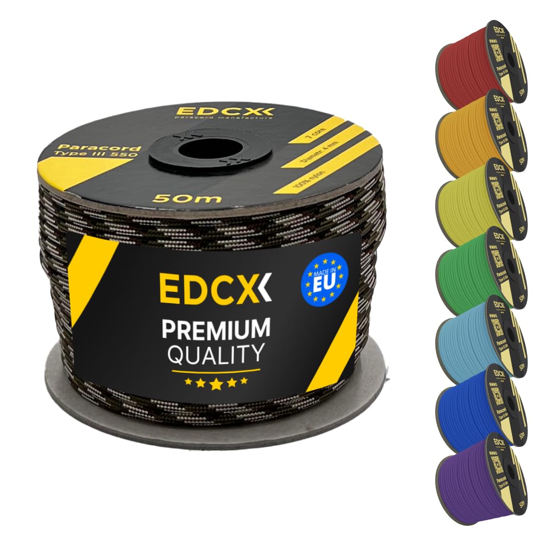 EDCX 4mm Nylon Paracord 550 50m (165 feet) | Ideal for Camping, Survival, Outdoor, Crafting, DIY | 100% Nylon Rope 4mm | Paracord 550 Type III in Solid Color (Mix Camo, 50 m)