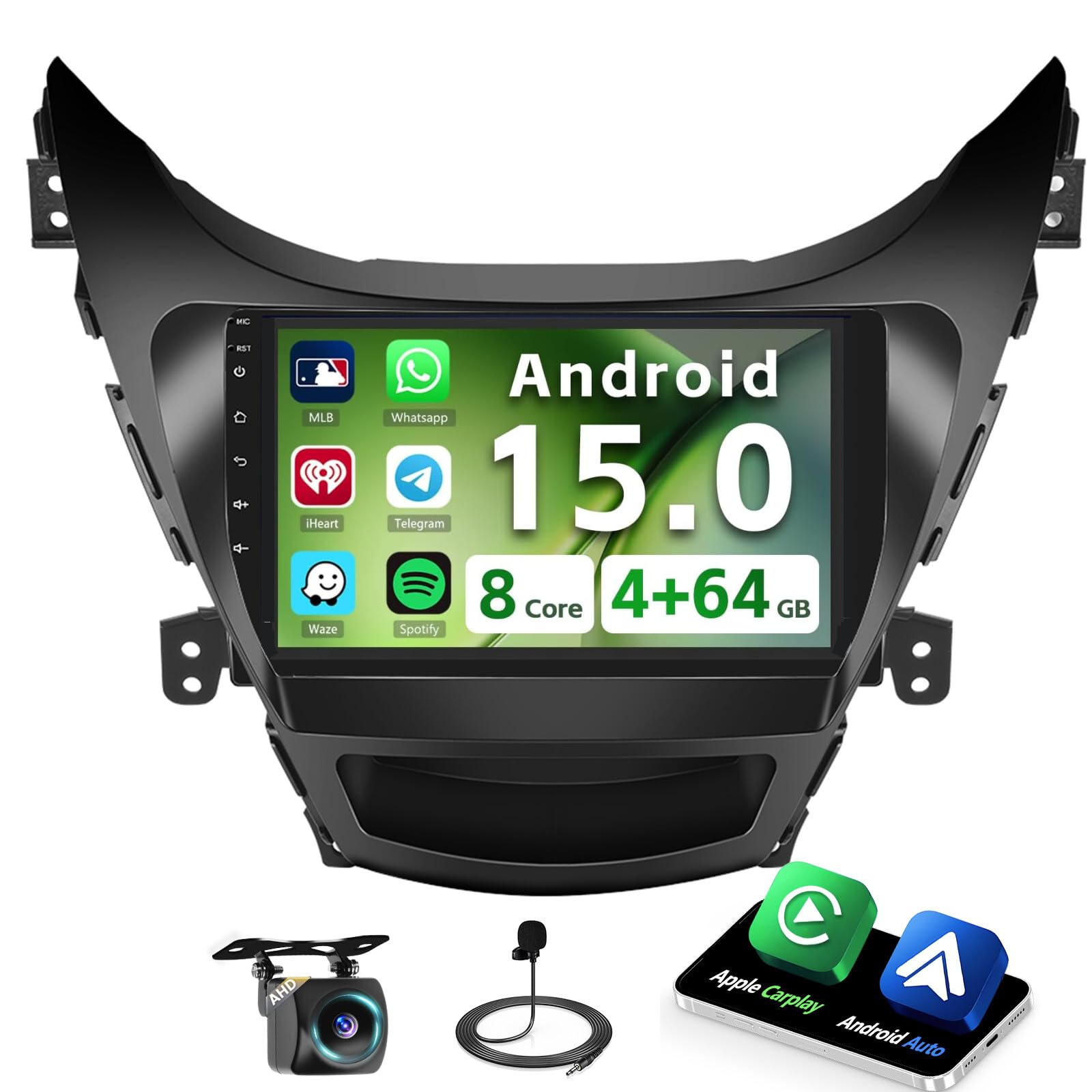 Photo 1 of [8 core 4+64G] 5G WiFi Hikity Android 15 Car Stereo for Hyundai Elantra 2011 2012 2013 Wireless Carplay Android Auto, 9''IPS Touchscreen Radio Bluetooth Mirror Link GPS 32EQ/DSP/FM/RDS SWC Backup Cam