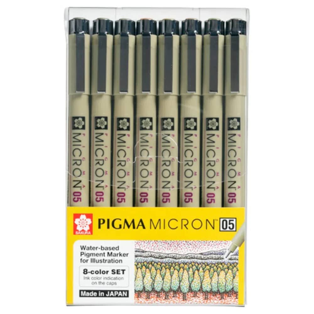 Sakura Pigma Micron drawing pens set, Archival ink 8 multi coloured fineliner artist pen (Asst colour, Fine point size 05)