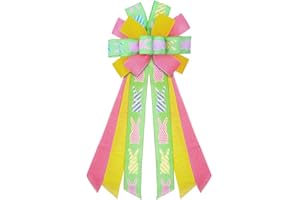 ON-AIRSTORE Large Easter Wreath Bows, Easter Rabbits Spots Strips Burlap Bows for Wreaths - Long Easter Green Yellow Pink Tree Topper Bows for Easter Home Garden Indoor Outdoor Decoration Wreath Ornament Supplies