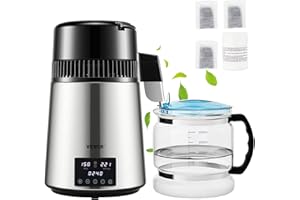 VEVOR 1.1Gal Water Distiller, 0.4Gal/H, Distilled Water Maker Machine 1750W 0-99H Timing Dual Temp Display, 304 Stainless Steel Countertop Distiller Glass Carafe Cleaning Powder 3 Carbon Packs, Silver