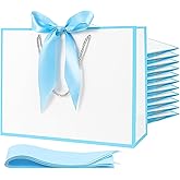 12 Pack Blue and White Thank You Gift Bags with Handle, 12x10x4'' Bow Ribbon Bridesmaid Gift Bag Welcome Return Gifts Bags for Baby Shower Wedding Guests Birthday Christmas Hotel Graduation Goodie