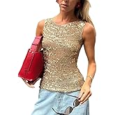 Women's Sequin Tank Top Casual Sparkly Shimmer Blouses Sleeveless Crew Neck T Shirt Fashion Outfit Top