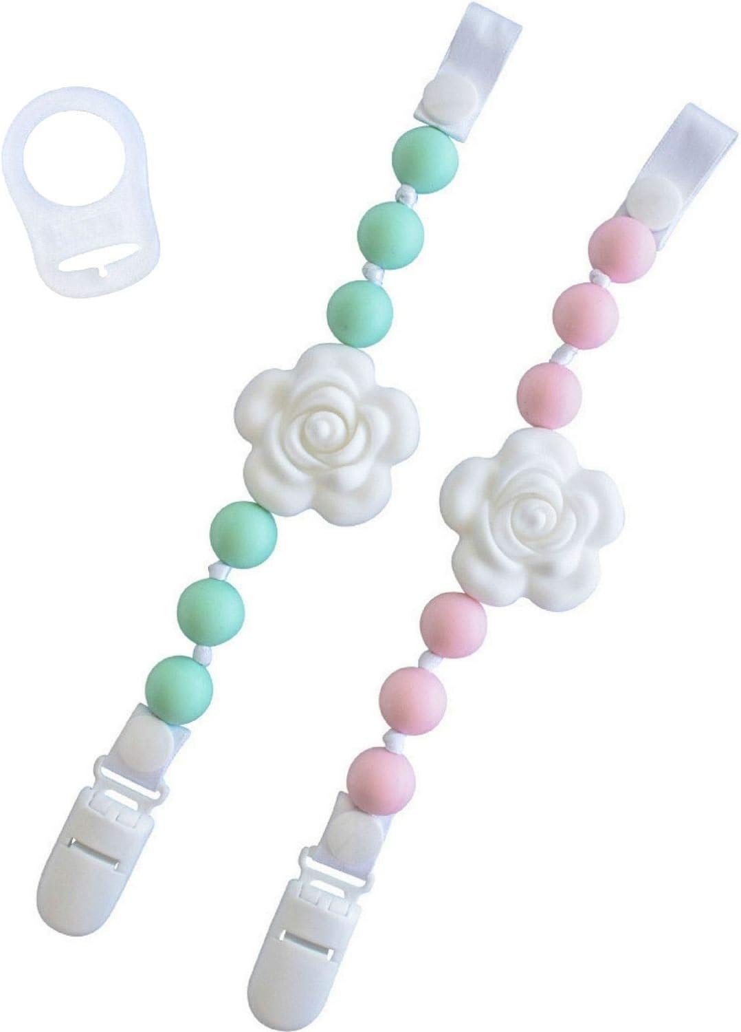 2 Universal Baby Pacifier Clips with Silicone Teething Beads for Girls,2 MAM Pacifier Clip Adapters, Soothie Pacifier Holder & Baby Teether Holder, Binky Clips are Best Baby Girl Gifts (Mint & Pink)