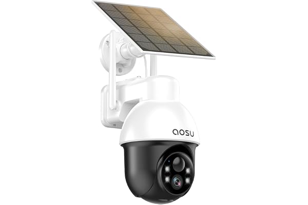 AOSU Solar Security Camera Wireless Outdoor with Panoramic PTZ, Human Auto Tracking, 2K Night Vision, Light and Sound Alarm,