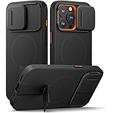 SURITCH for iPhone 15 Pro Case with Magnetic Camera Slide Cover and Adjustable Kickstand, Compatible with MagSafe, Shockproof Bumper Case Slim Protective Cover 6.1 Inch, Black