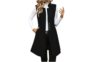 Wool Vest for Women Long Button Fall Jackets Fashion Notch Collar Vests Dressy Casual Plain Jackets with Pockets
